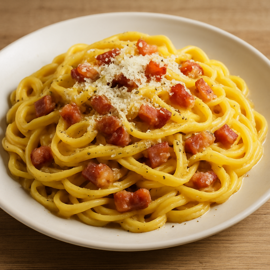 Plated fettuccine carbonara